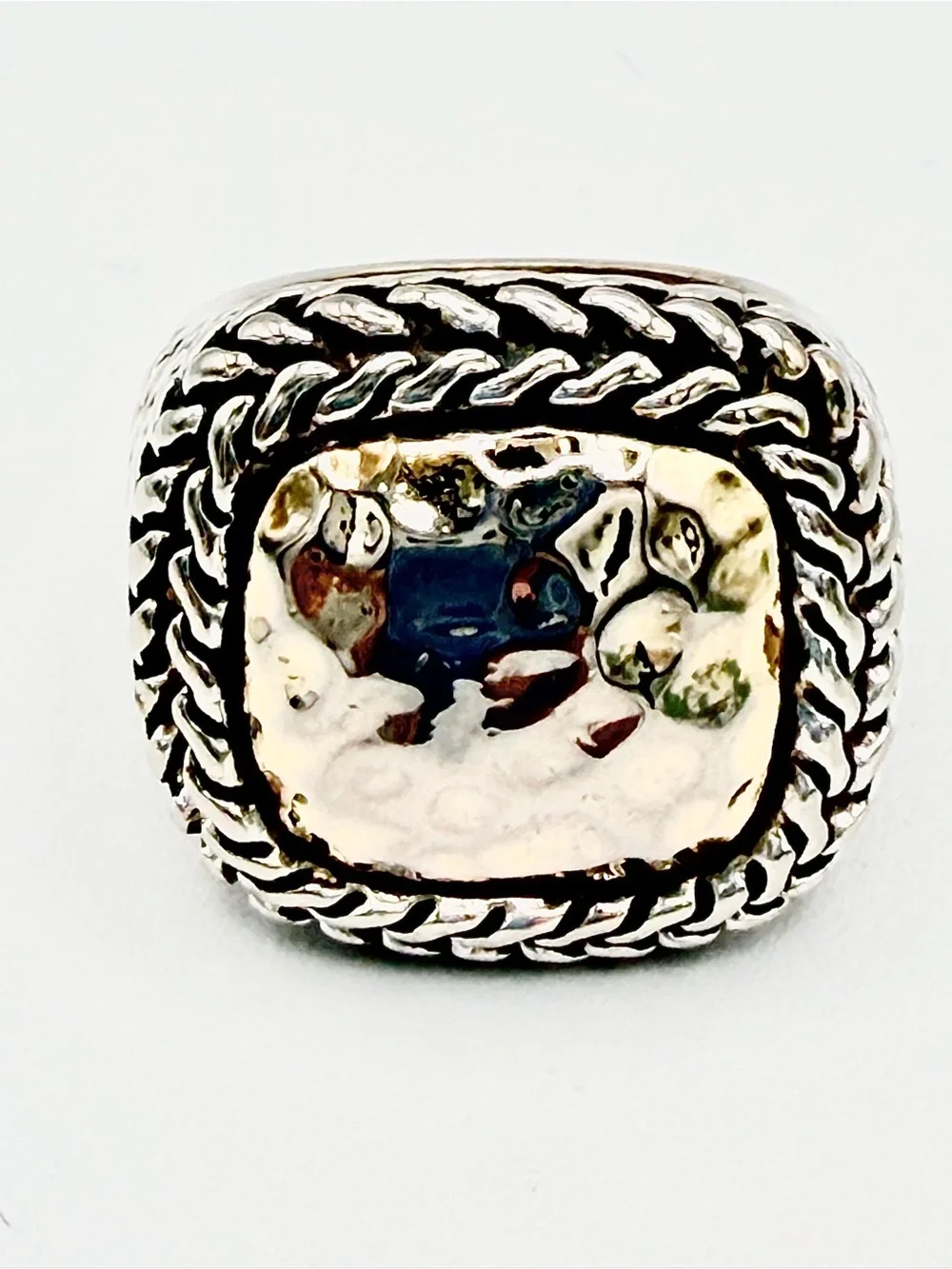 Vintage Hammered Sterling & Gold Vermeil Braided Rope Setting & Sides Ring